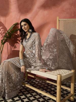 Grey embroidered saree with blouse piece 5