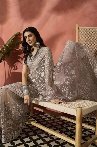 Grey embroidered saree with blouse piece