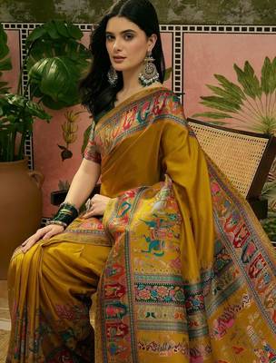 Mustard position printed zari weaving saree with contrast blouse piece 1