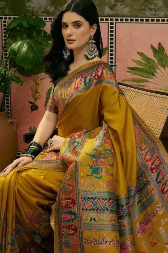 Mustard position printed zari weaving saree with contrast blouse piece