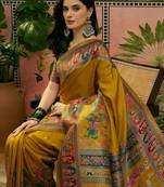 Mustard position printed zari weaving saree with contrast blouse piece