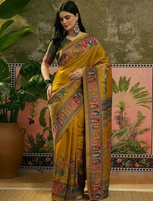 Mustard position printed zari weaving saree with contrast blouse piece 2
