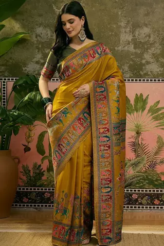Mustard position printed zari weaving saree with contrast blouse piece