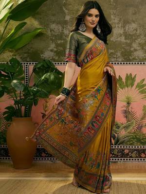 Mustard position printed zari weaving saree with contrast blouse piece 3