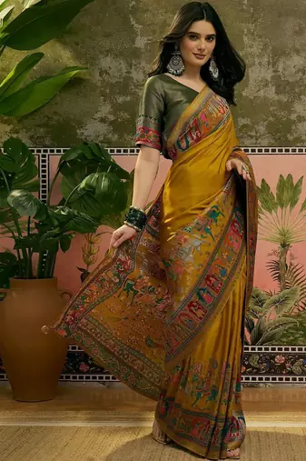 Mustard position printed zari weaving saree with contrast blouse piece