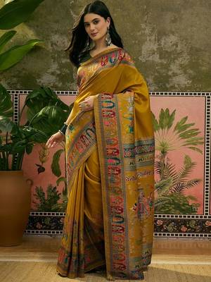 Mustard position printed zari weaving saree with contrast blouse piece 4