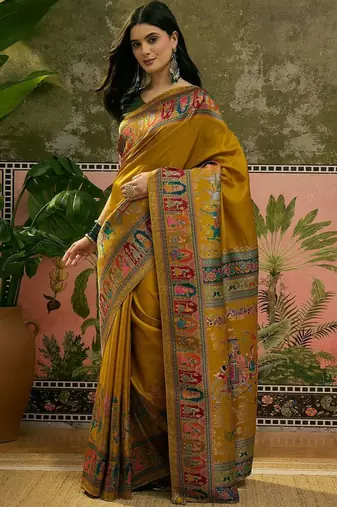 Mustard position printed zari weaving saree with contrast blouse piece