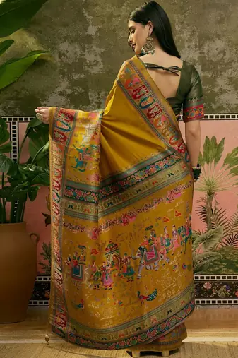 Mustard position printed zari weaving saree with contrast blouse piece