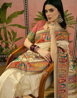 Off white position printed zari weaving saree with contrast blouse piece 1