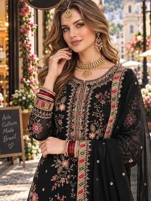 black chiffon semi stitched suit with embroidery & sequence work 2