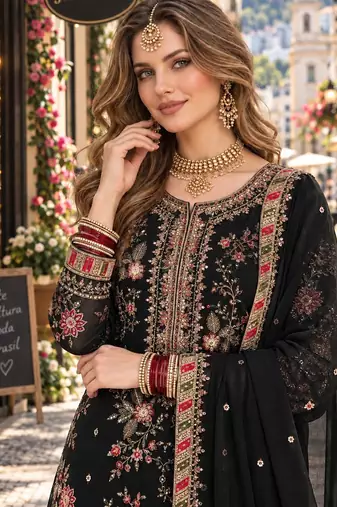 black chiffon semi stitched suit with embroidery & sequence work