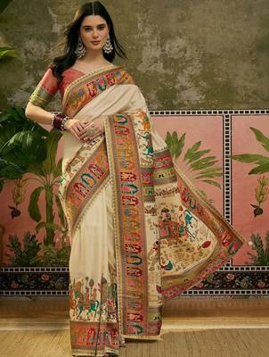 Off white position printed zari weaving saree with contrast blouse piece 2