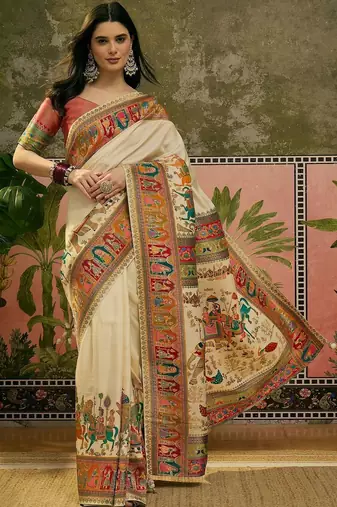 Off white position printed zari weaving saree with contrast blouse piece