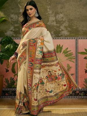 Off white position printed zari weaving saree with contrast blouse piece 3