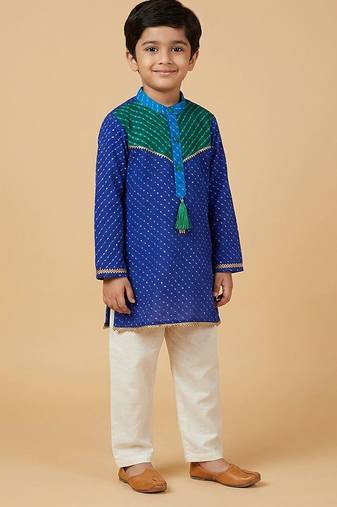 Blue off white leheriya printed kurta set