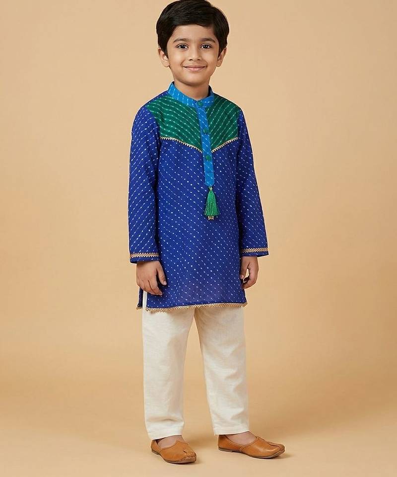 Blue off white leheriya printed kurta set