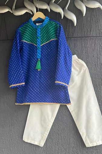 Blue off white leheriya printed kurta set