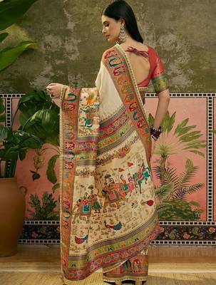 Off white position printed zari weaving saree with contrast blouse piece 4