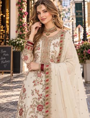 white chiffon semi stitched suit with embroidery & sequence work 2