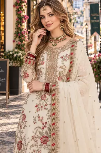 white chiffon semi stitched suit with embroidery & sequence work