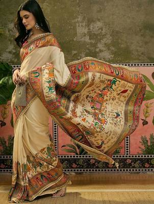 Off white position printed zari weaving saree with contrast blouse piece 5