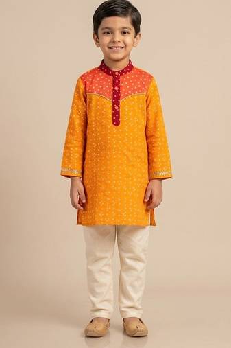 Yellow orange leheriya printed kurta set