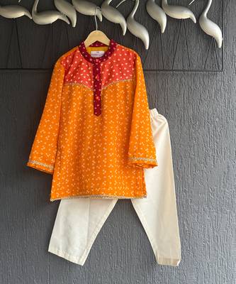 Yellow orange leheriya printed kurta set 2
