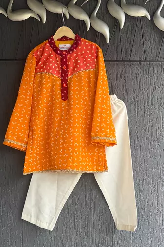 Yellow orange leheriya printed kurta set
