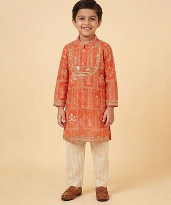 Orange mughal printed kurta set 1