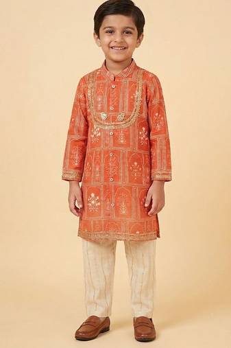 Orange mughal printed kurta set