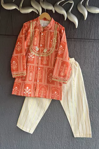 Orange mughal printed kurta set