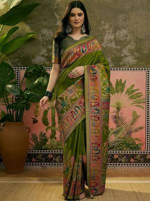 Green position printed zari weaving saree with contrast blouse piece 1