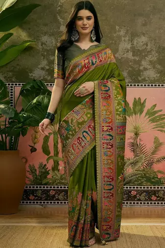 Green position printed zari weaving saree with contrast blouse piece