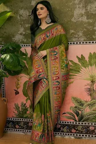 Green position printed zari weaving saree with contrast blouse piece