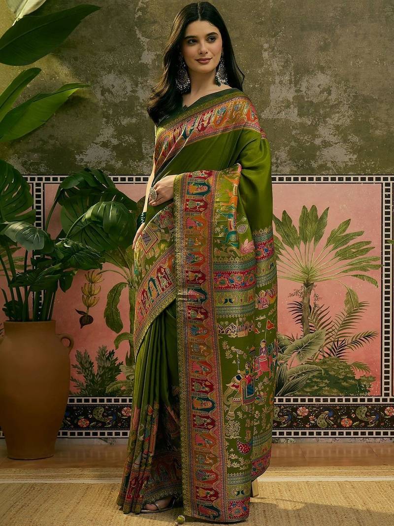 Green position printed zari weaving saree with contrast blouse piece