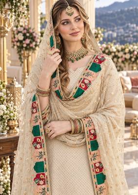 beige georgette stitched semi stitched suit with embroidery & sequence work 2