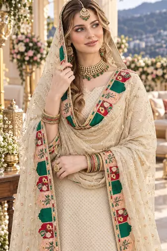 beige georgette stitched semi stitched suit with embroidery & sequence work