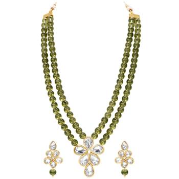 Olive green crystal & beads studded necklace earrings set jewelry for 1