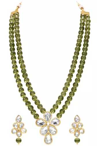Olive green crystal & beads studded necklace earrings set jewelry for