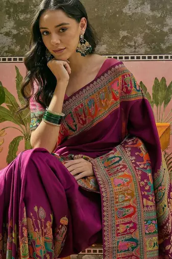 Purple position printed zari weaving saree with contrast blouse piece