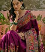 Purple position printed zari weaving saree with contrast blouse piece