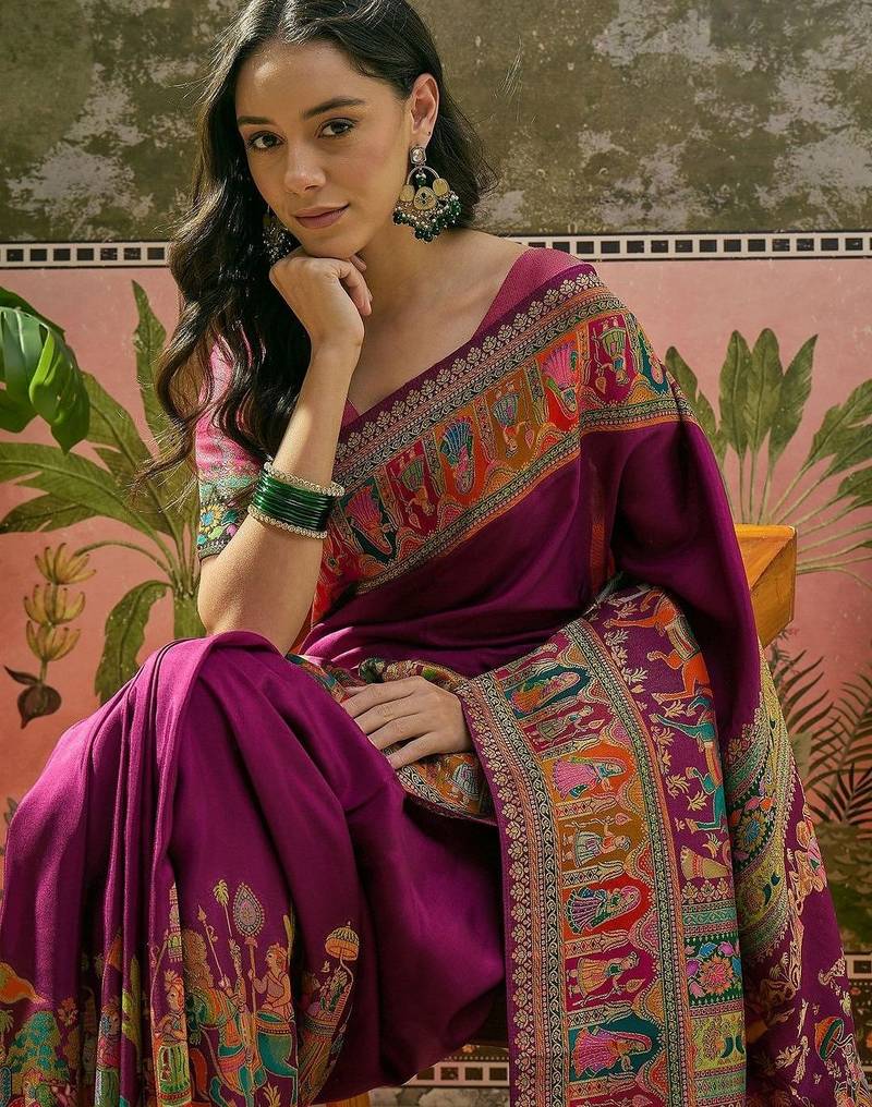 Purple position printed zari weaving saree with contrast blouse piece