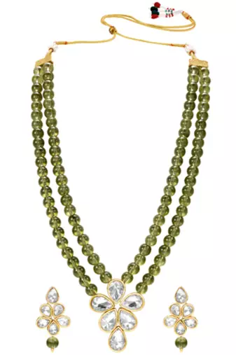 Olive green crystal & beads studded necklace earrings set jewelry for