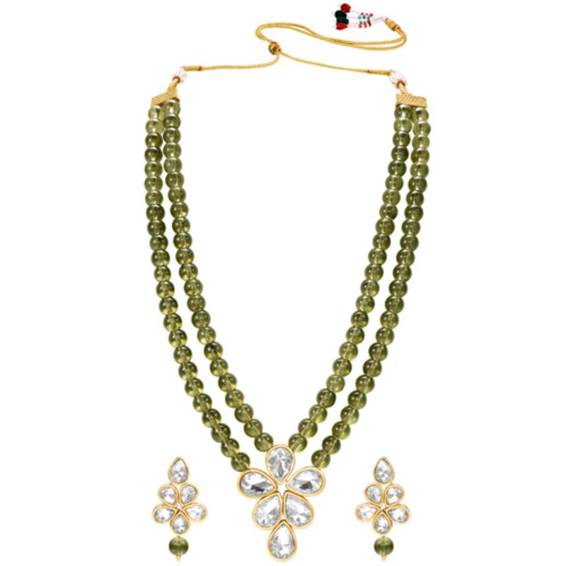 Olive green crystal & beads studded necklace earrings set jewelry for