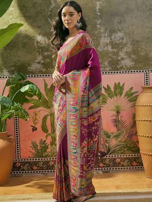 Purple position printed zari weaving saree with contrast blouse piece 2