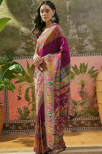 Purple position printed zari weaving saree with contrast blouse piece