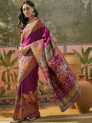 Purple position printed zari weaving saree with contrast blouse piece 3