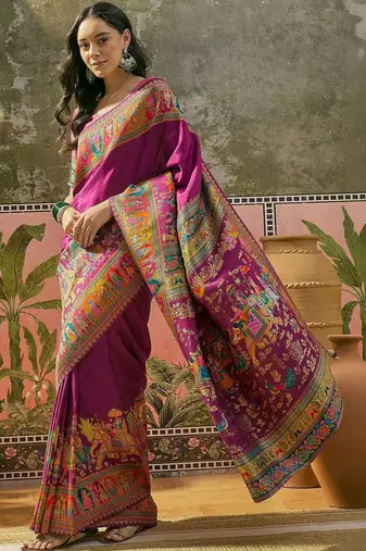 Purple position printed zari weaving saree with contrast blouse piece
