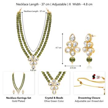 Olive green crystal & beads studded necklace earrings set jewelry for 4
