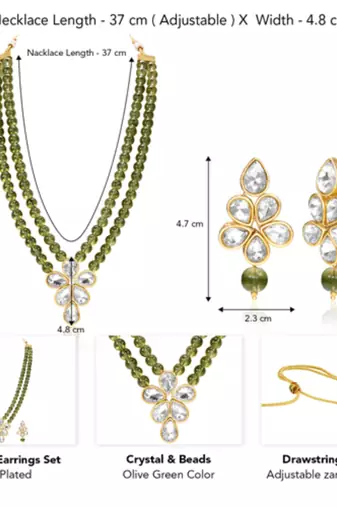 Olive green crystal & beads studded necklace earrings set jewelry for